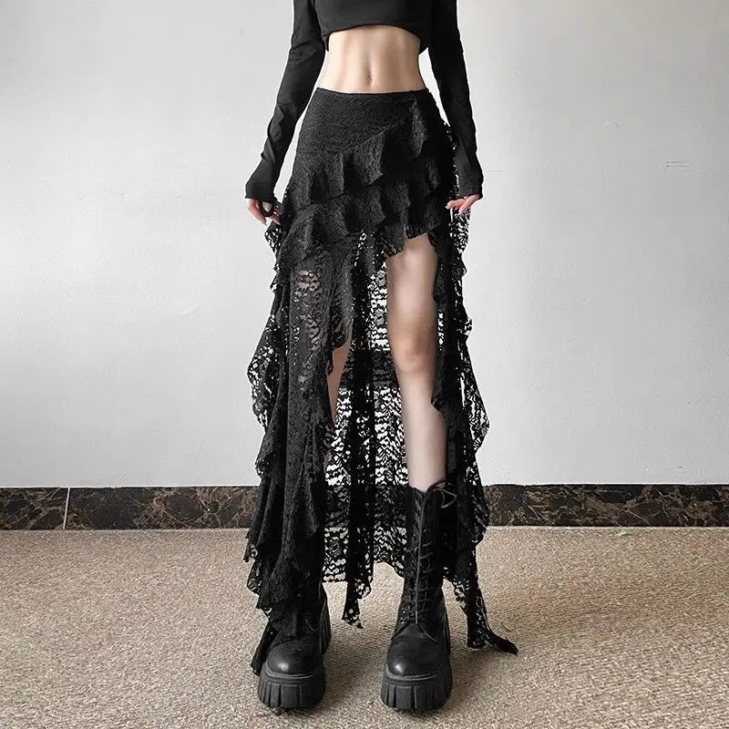 Tassels Women Skirts Irregular Hem Multi-Layered Ruffles Lace Ruffles Patchwork Sweet Skirts Sexy High Waist Y2k Party Clubwear