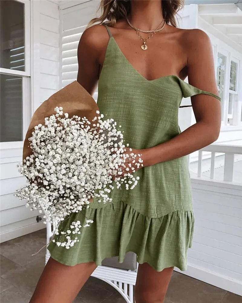 Dress Women Sexy Spaghetti Strap Ruffle Summer Dress 2026 Cotton Linen Vestidos Green Dresses Off Shoulder Sexy Mini Sundress