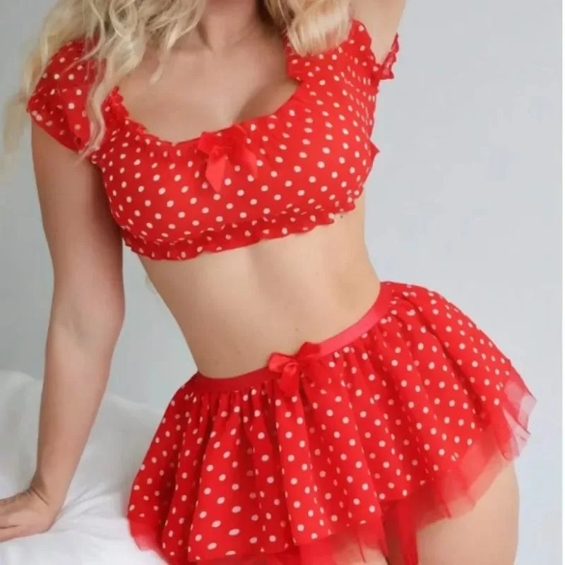 Women's Polka Dot Off-Shoulder Puffy Skirt Lingerie Set – Sexy Bra & Garter Skirt Exotic Set | S–XL (Red, Blue)