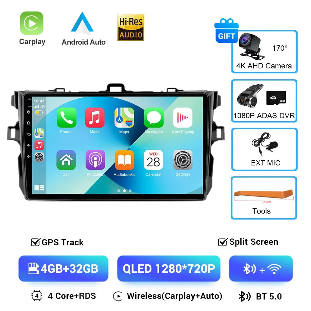 Android 16 Car Radio 4G+WIFI for Toyota Corolla E140/150 2007 2008 2009 2010 2011 2012 2013 Multimedia Player 2 Din DVD Speakers
