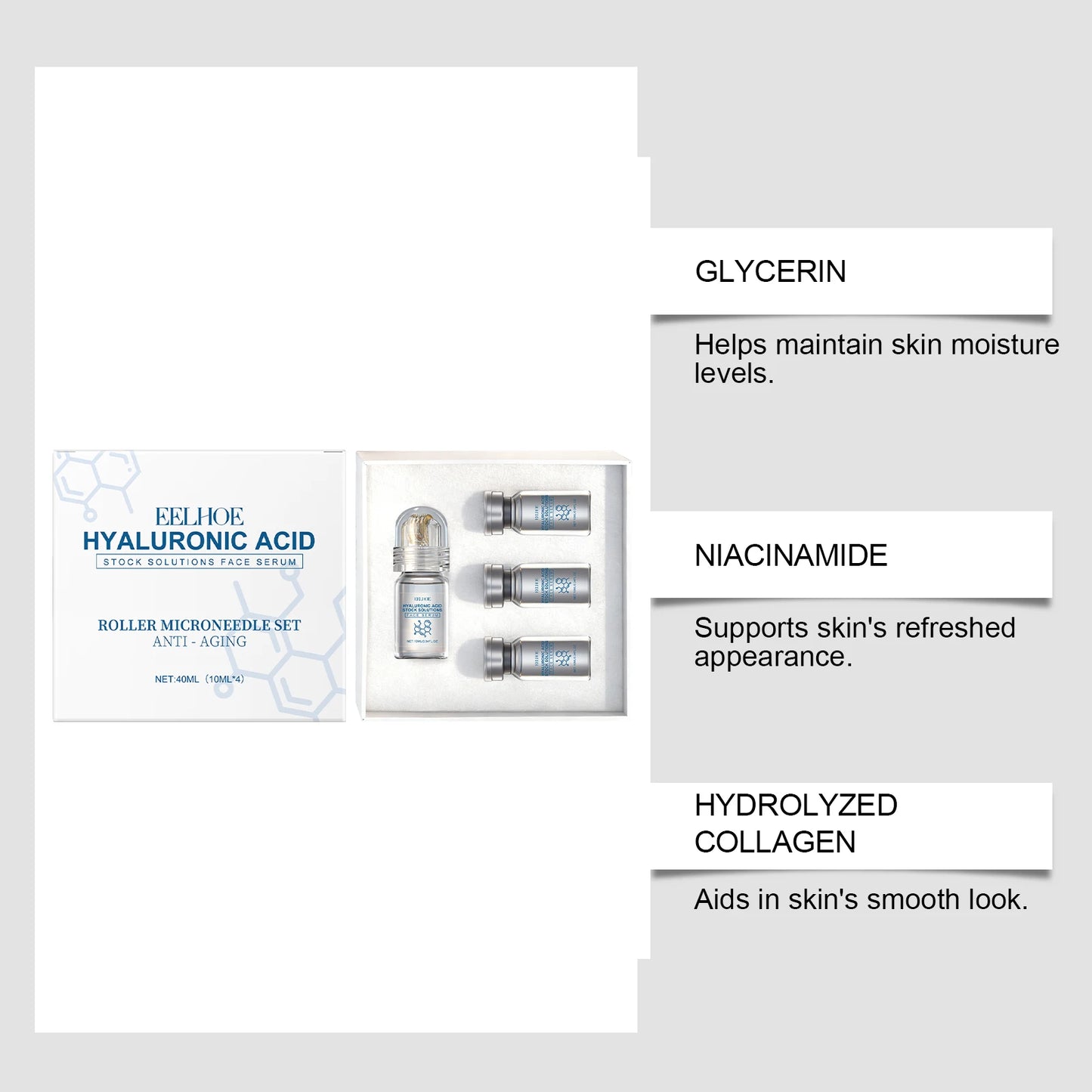 Hyaluronic Acid Stock Solutions Face Serum with Roller Microneedle Set Moisturizing Anti-Wrinkle Facial Serum Smoothing Refresh