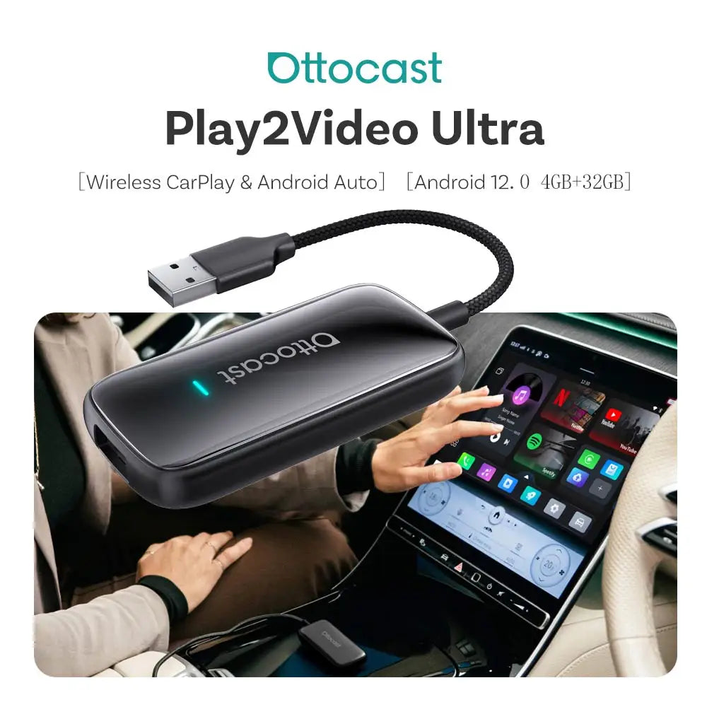 Ottocast Play2Video Ultra Wireless CarPlay Car MultimediaSmart Box Hi-res 1080P with Local Media Playback Portable WiFi6 For VW