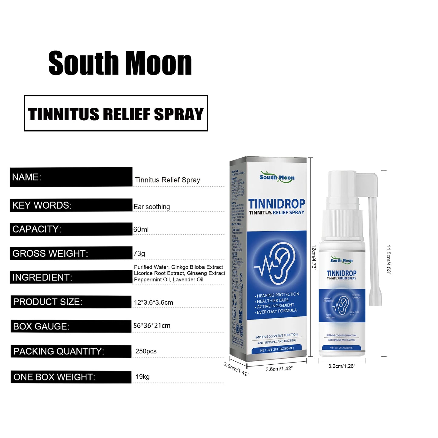 South Moon Tinnidrop Spray Hearing Protection Earwax Cleaning Itchy Earache Relief Ear Health Care Tinnitus Relief Spray 60ml