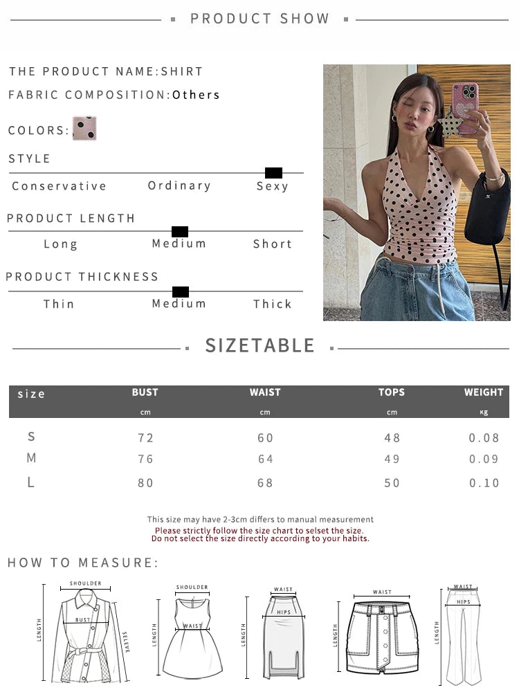 Women's Polka Dot Halter Tank Top – Lace-Up Backless V-Neck Skinny Y2K Streetwear Vest
