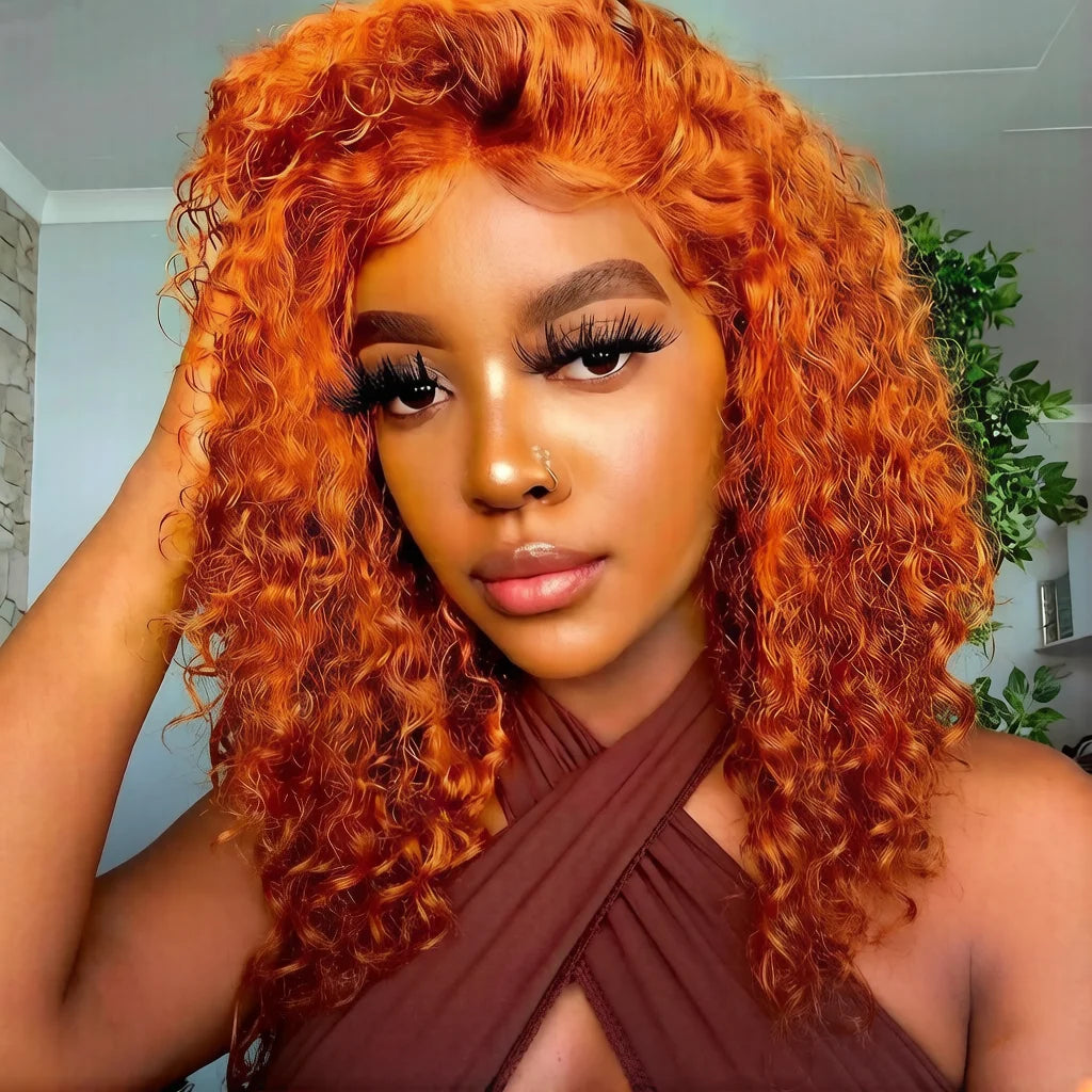 Curly Wig Human Hair Peruvian Deep Wave 13x6 HD Lace Front Wigs Human Hair For Black Women Pre Plucked Orange Ginger Color #350 13x4 Transparent Lace Frontal Human Hair Wig 240%