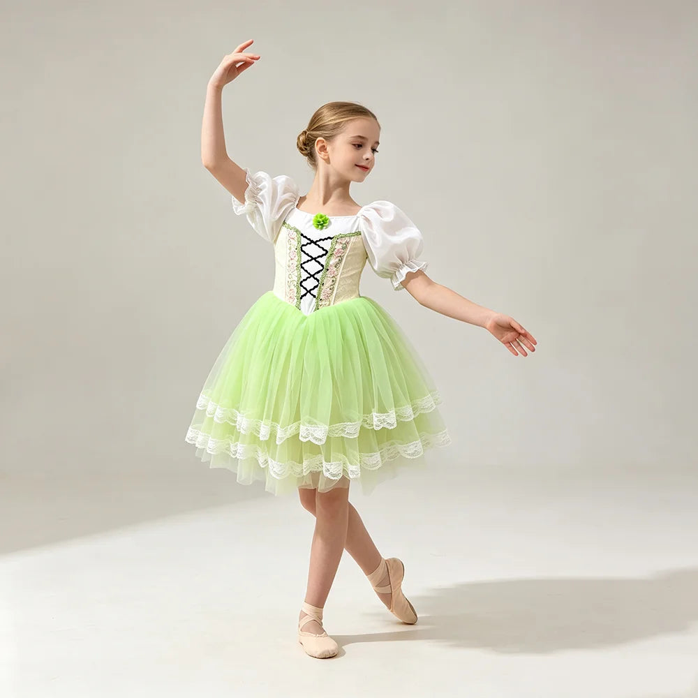 Girls green puff-sleeve ballet tutu dress
