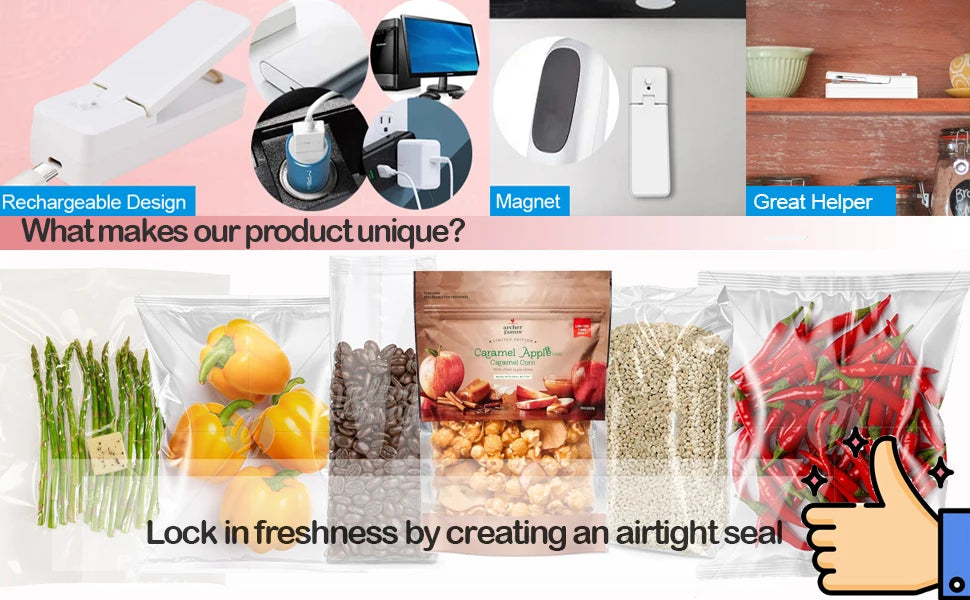 USB Mini Bag Sealer 2-in-1 Portable Heat Sealers Rechargeable Handheld Vacuum Heat Sealers &Cutter for Plastic Bag Storage Food
