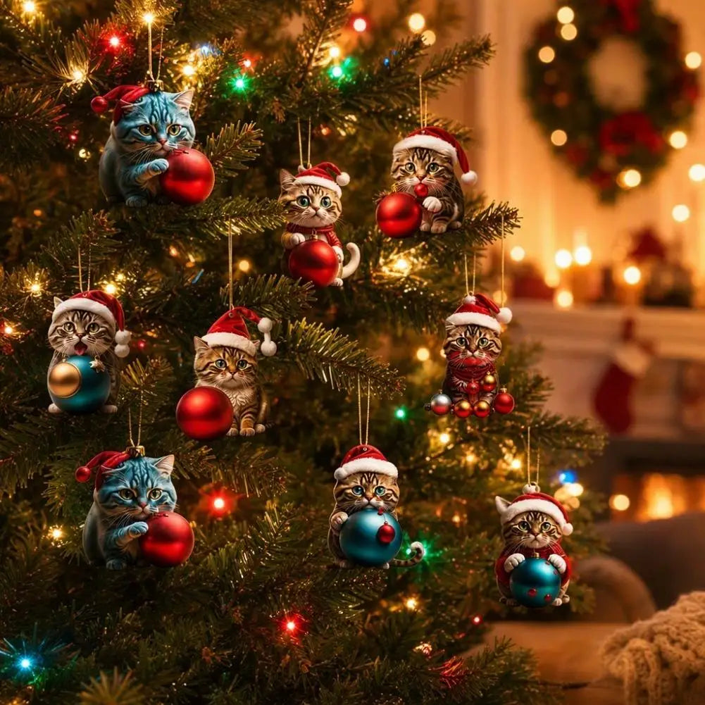 Cute Cat Christmas Tree Decorations 10PCS Acrylic Ornaments Santa Hat Animal Hanging Pendants Xmas Holiday Gifts Decor