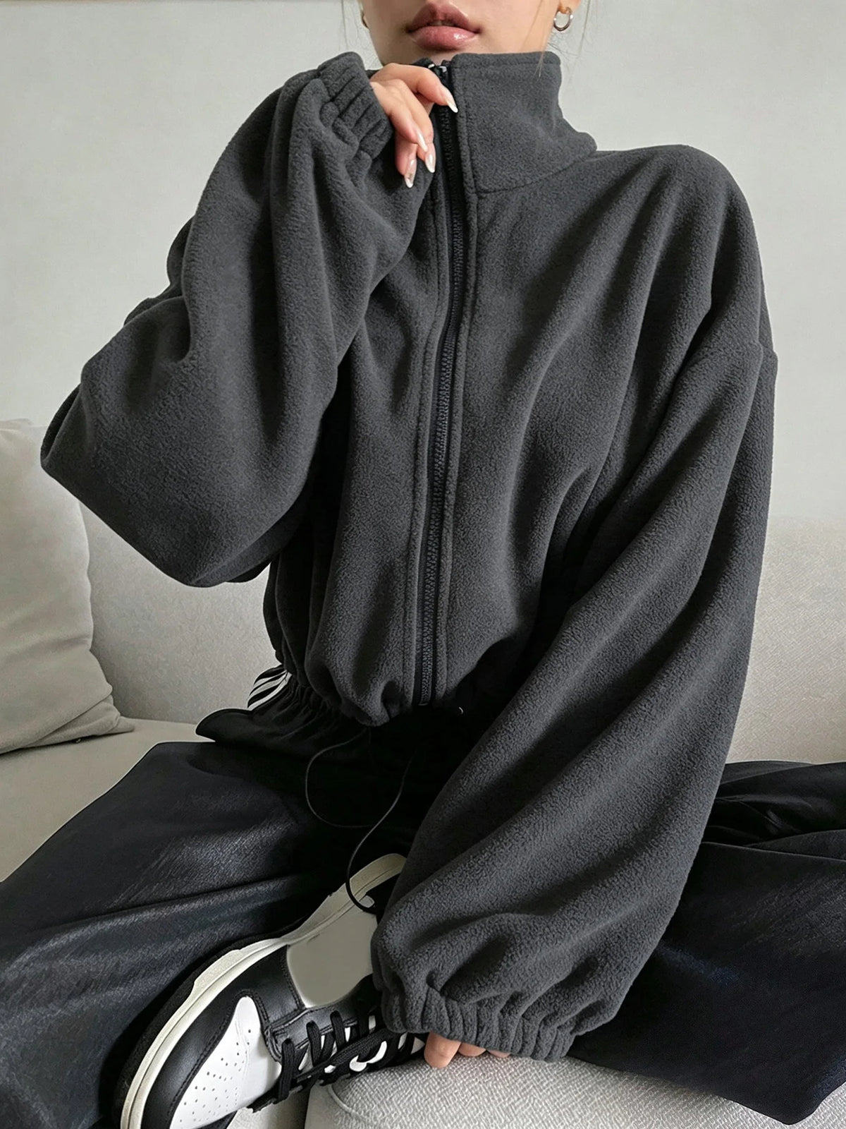 Women's Cropped Polar Fleece Jacket - Stand Collar Zip Up - photo 8