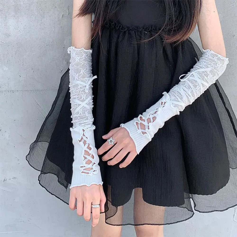1 Pair Women Lolita Jk Lace Fingerless Gloves Black Gothic Fake Sleeves Trendy Elastic Long Lace Arm Sleeves Clothes Decoration