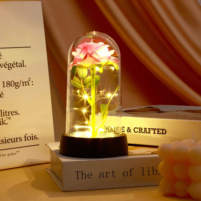 Artificial Rose Flowers Eternal Rose LED Light Foil Flower in Glass Cover Simulation Rose Flower Christmas Teachers' Day Gifts