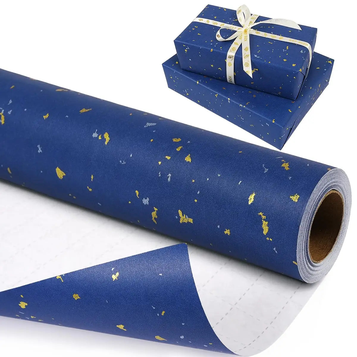 Gift Wrapping Paper Roll, 1 Roll 17 Inch X 120 Inch, Navy Blue Gold Foil Design for Holiday, Birthday, Wedding, Party