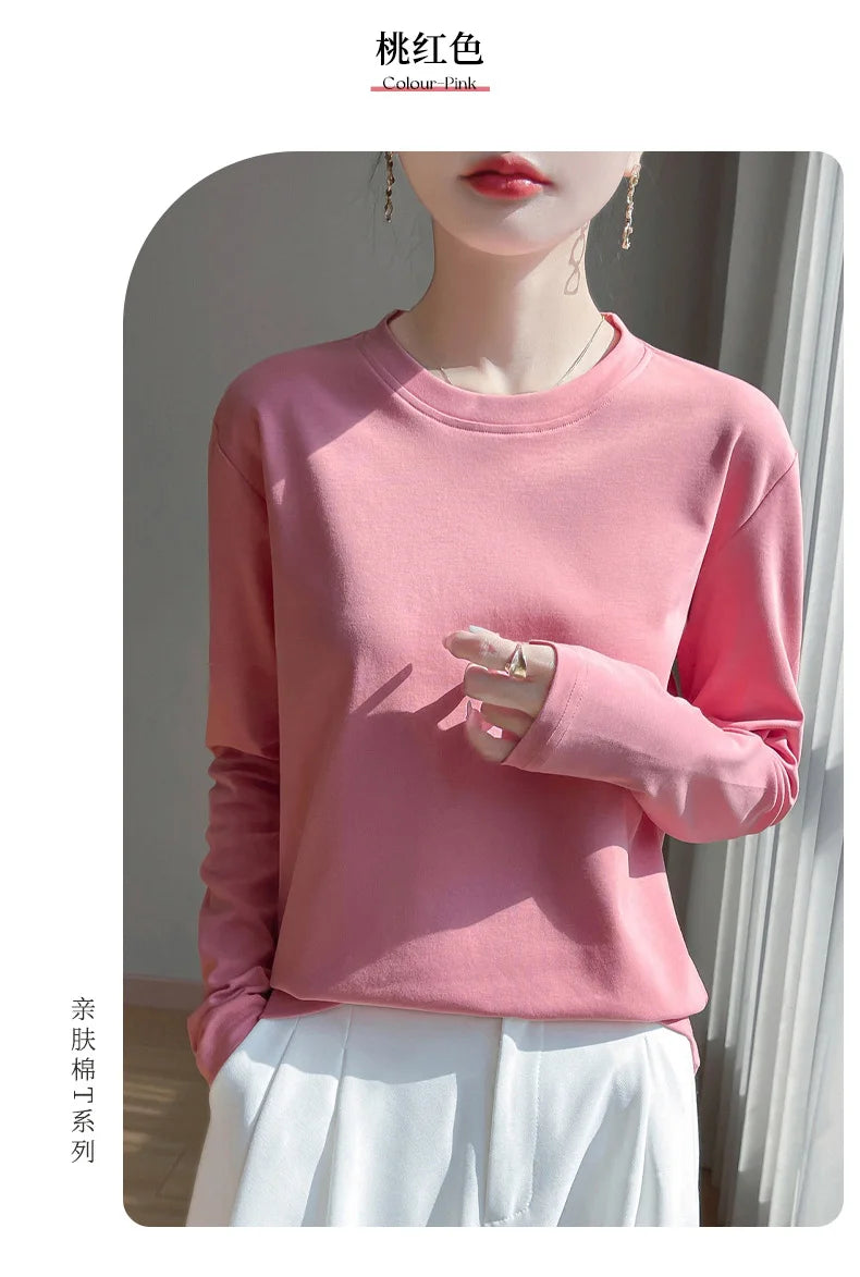 Spring And Summer New Mercerized Cotton Long Sleeve T-shirt Women's Round Neck Loose 100% Cotton Bottoming T-shirt