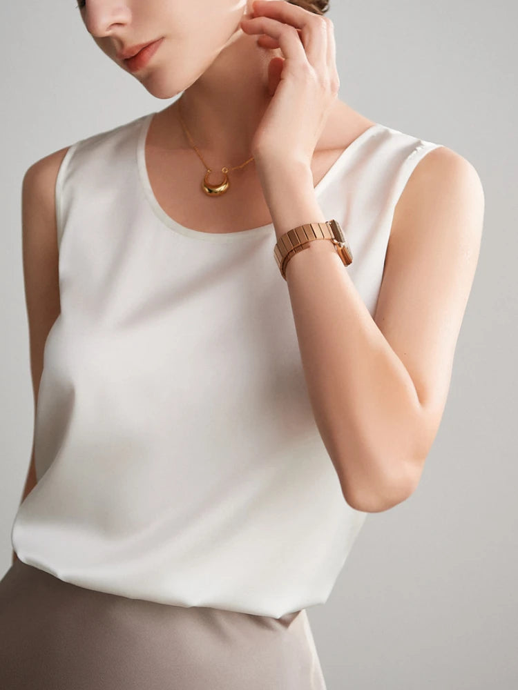 Summer Satin Mulberry Silk Tank Top Casual Versatile Champagne Tops Woman 2026 New Fashion Elegant Vest Loose Sleeveless T-shirt
