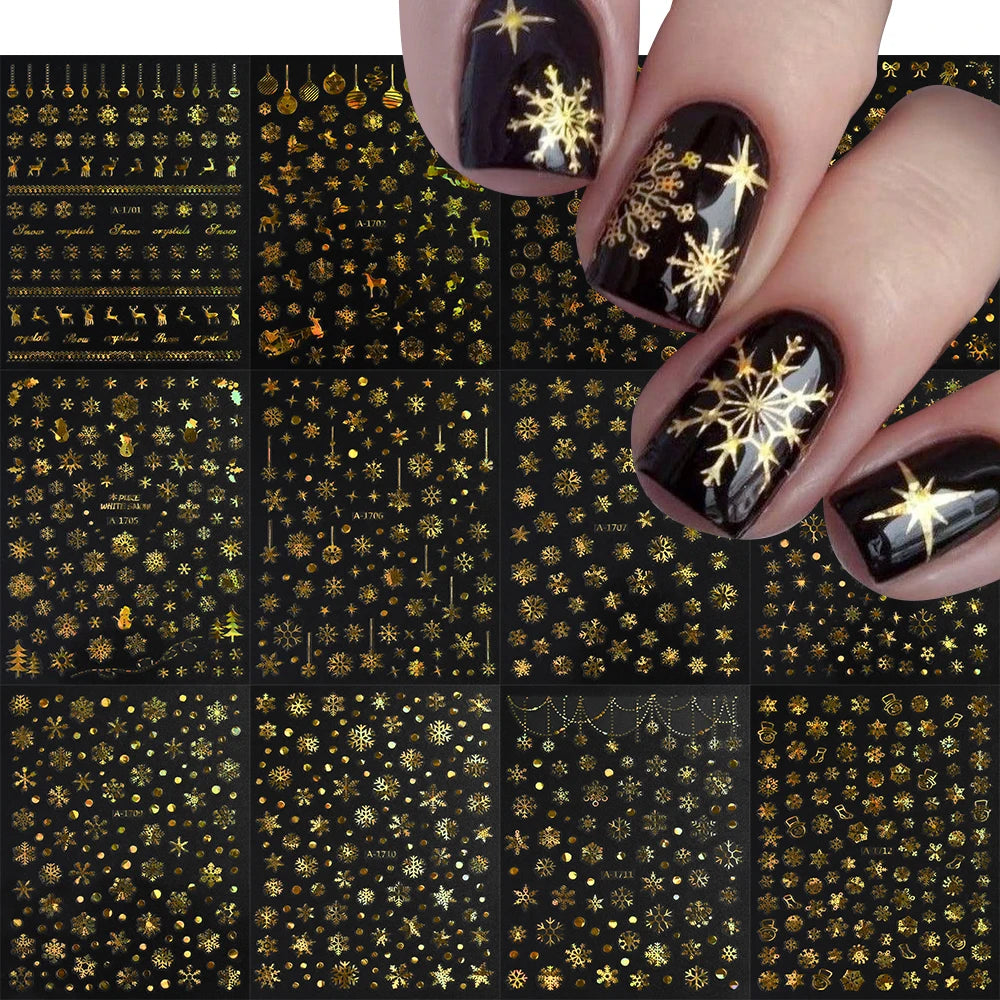 12pcs/set Gold Laser Snowflake Nail Stickers Set 3D Luminous Snowflakes Adhesive Nail Decals Winter Snowman Elk Maniucre Decorat