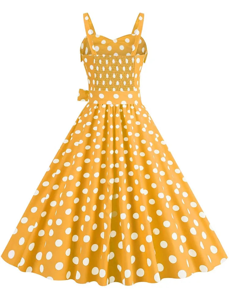 Women's Polka-Dot Puff-Sleeve Midi Sundress — Vintage Square-Collar Dress