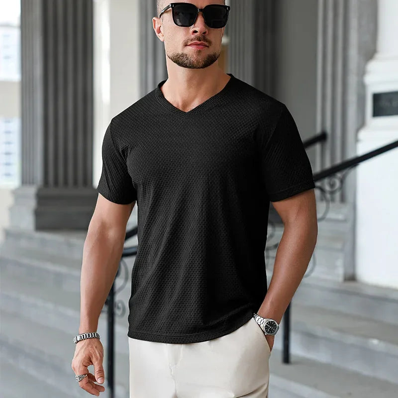 Men's Ice-Silk V-Neck Tee - Jacquard Quick-Dry, Casual Daily Wear
