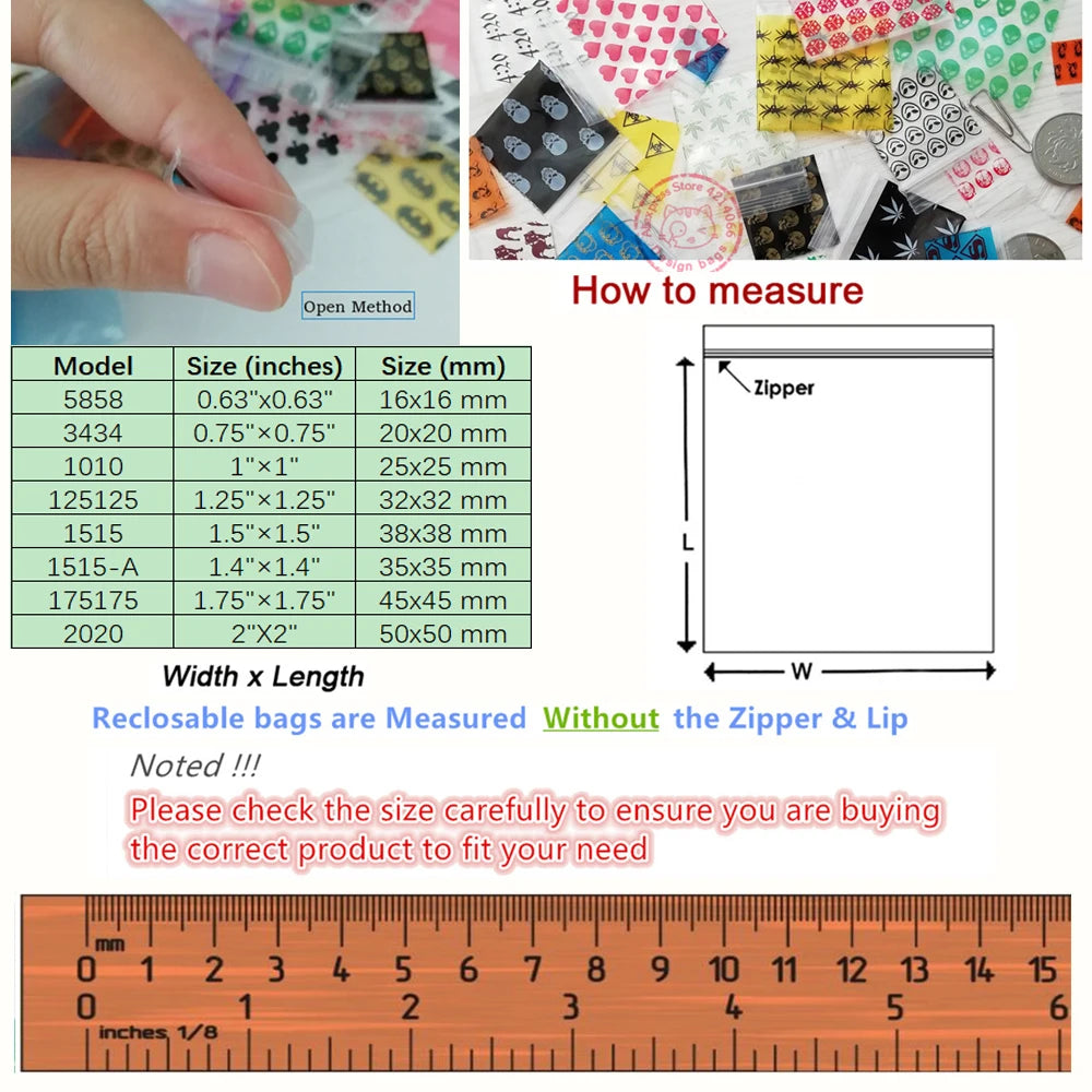 50-100pcs Mini Reclosable Storage Baggies - 1.75" Zip Craft Bags (Heart Print)