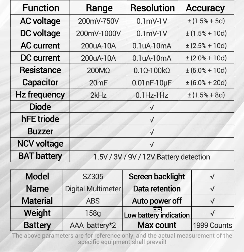 ANENG SZ305 Digital Multimeter Professional AC/DC Voltage Ammeter Capacitor hFE Triode NCV Voltage Induction Electrician Tester