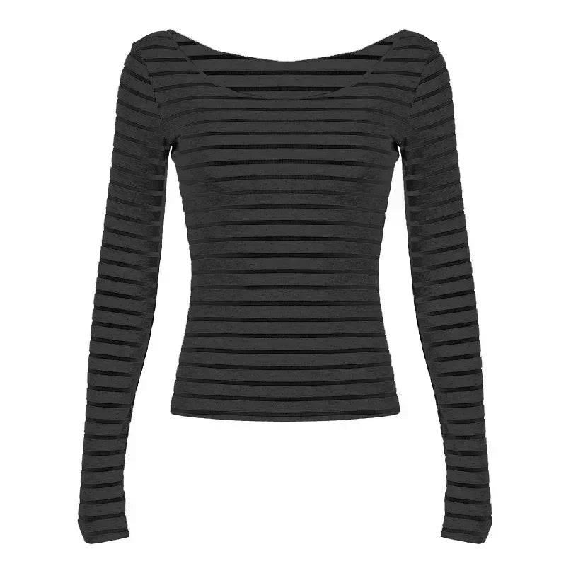Harajuku Basic Slim Long Sleeve Stripe Tee Off Shoulder O Neck Korean Street Style Spring Autumn Y2K Women's Gray T Shirt