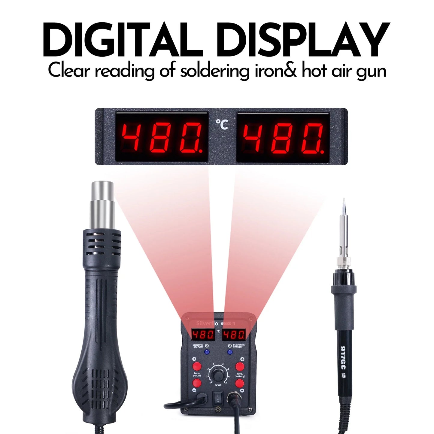 Silverflo 8586D-II Soldering Station 2 IN 1 Soldering Iron Hot Air Station Welding Rework Station with10-Minute Sleep Mode
