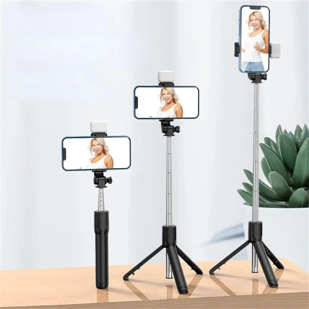 Selfie Stick Tripod Stand with Wireless Bluetooth Remote Extendable Stainless Steel Rod for iPhone Mobile Phones Live Streaming