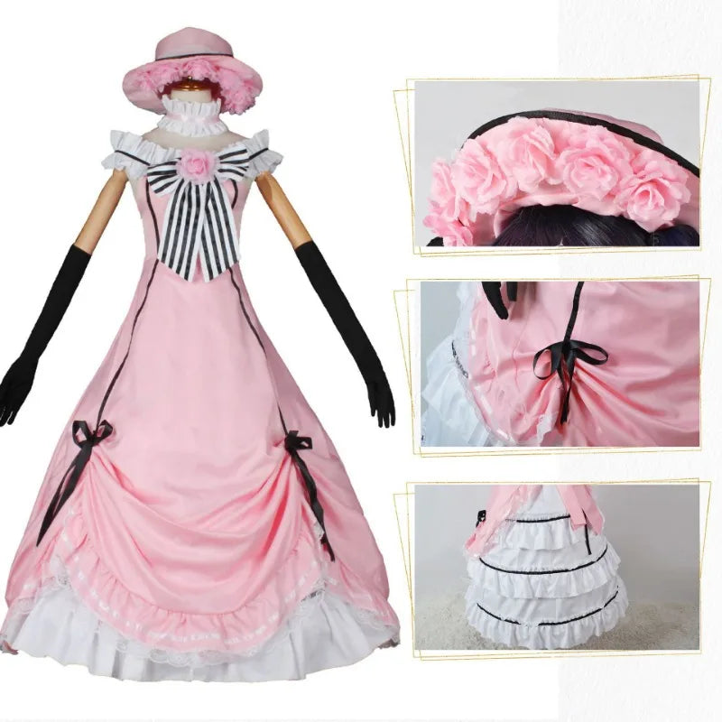 Anime Black Butler Ciel Phantomhive Young Master Cosplay Pink Robin Uniform Lolita Suit Wig Sleeveless Lace Maid Cut Dress
