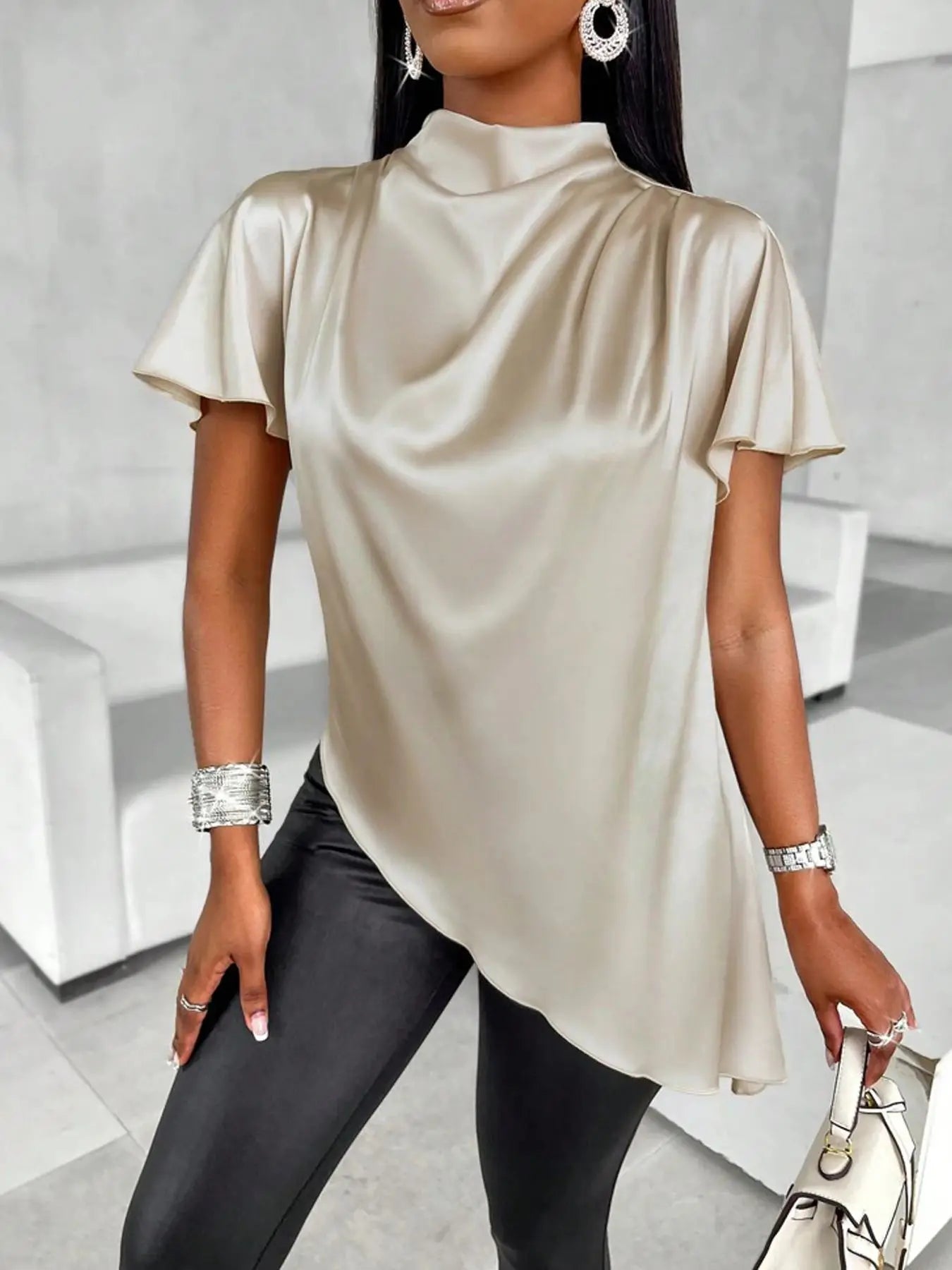 Women's Solid Color Satin Shirt 2025 Spring/Summer Foreign Trade Asymmetric Hem Blouse Top