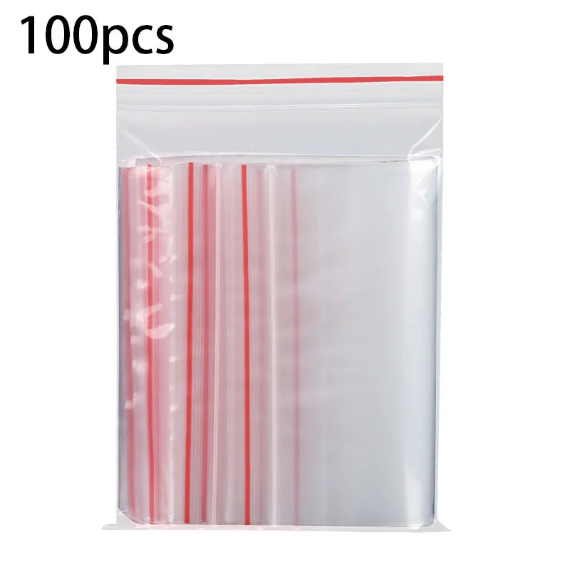100PCS Clear Zip Lock Bags 10×15cm – Food-Safe Reusable Storage with Red Seal Strip | Waterproof
