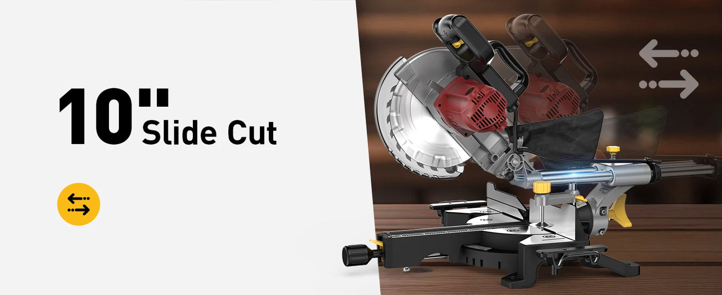 10/12 Inch Sliding Compound Miter Saw – 15 Amp, 5000RPM, 0-45° Dual-Bevel Precision Cutting Power Saw