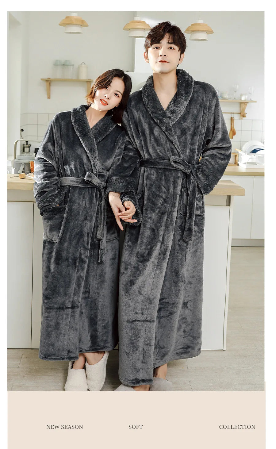 Couples Flannel Robe, Long Warm Fleece Bathrobe for Men and Women