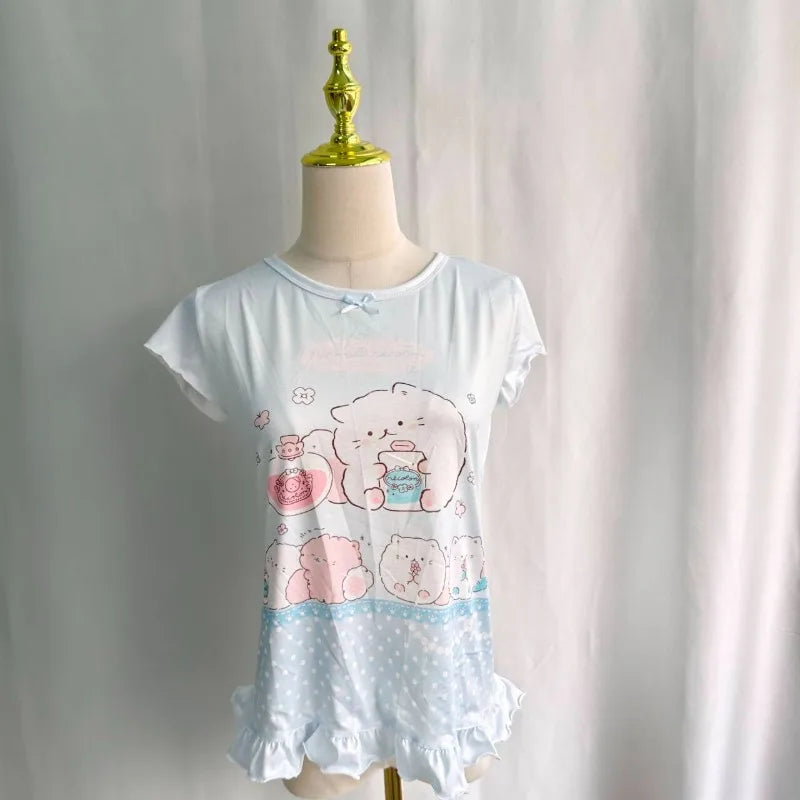 Kimutomo Japanese Petite Sweet Cute Replica Girl Outfit Short Sleeved Top Women Versatile Group Print Butterfly Round Neck