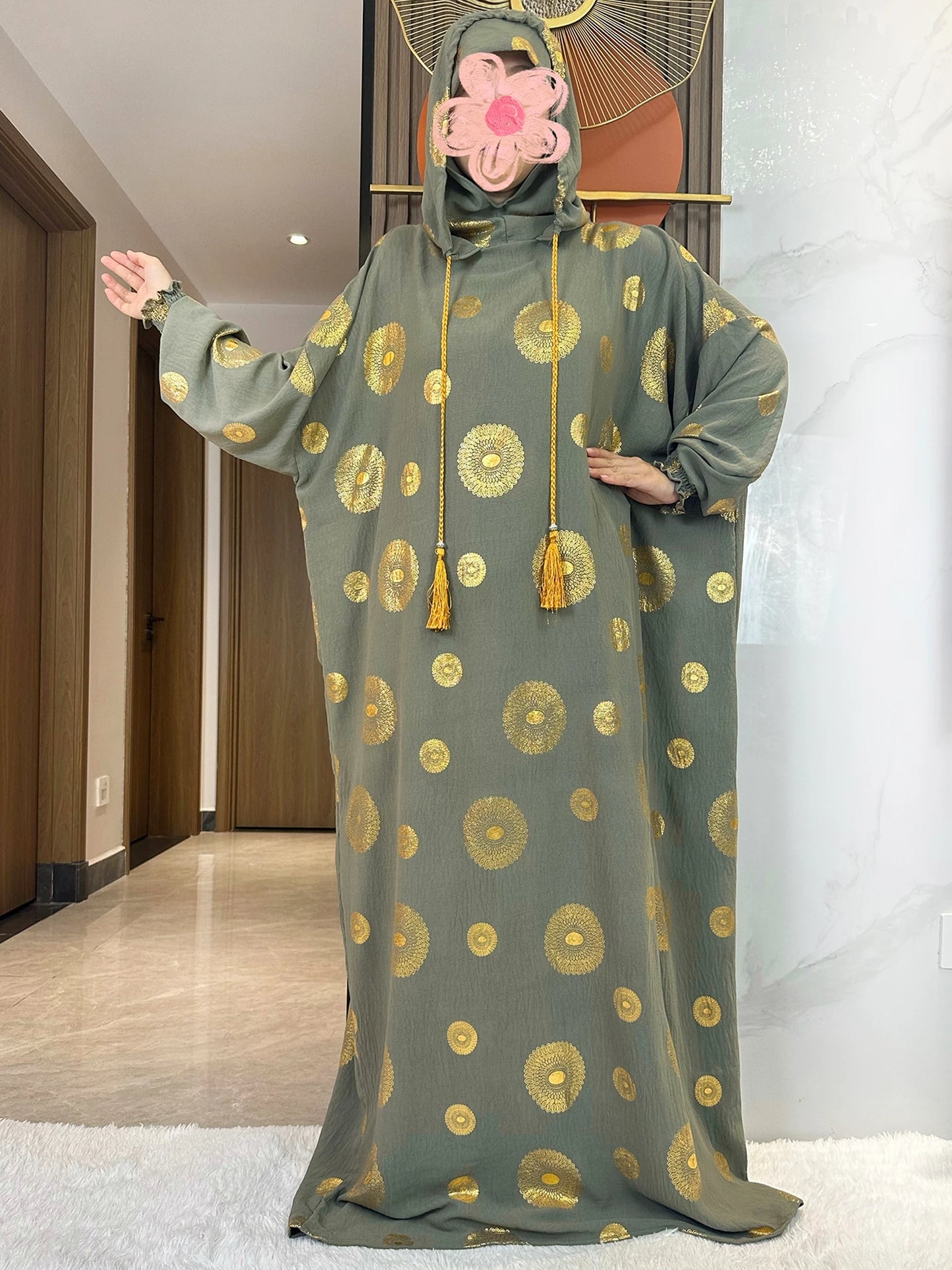 Women's Cotton Embroidered Abaya Kaftan – Gold Dust Shimmer, Loose Fit, All-Season Muslim Dress