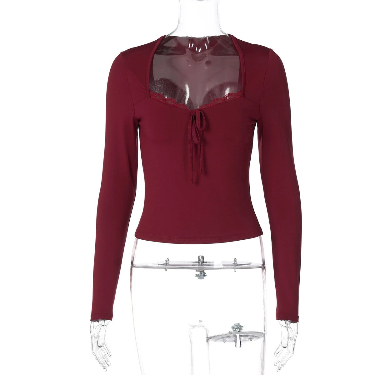 Hugcitar Women's Elegant Lace Bandage Crop T-Shirt – Long Sleeve Slim Party Festival Top