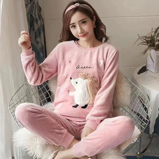 Women's Flannel Pajama Set - Printed Long Sleeve Round Neck PJs