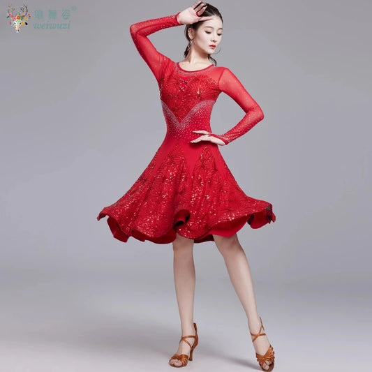 Women's long-sleeve sequin Latin competition dress