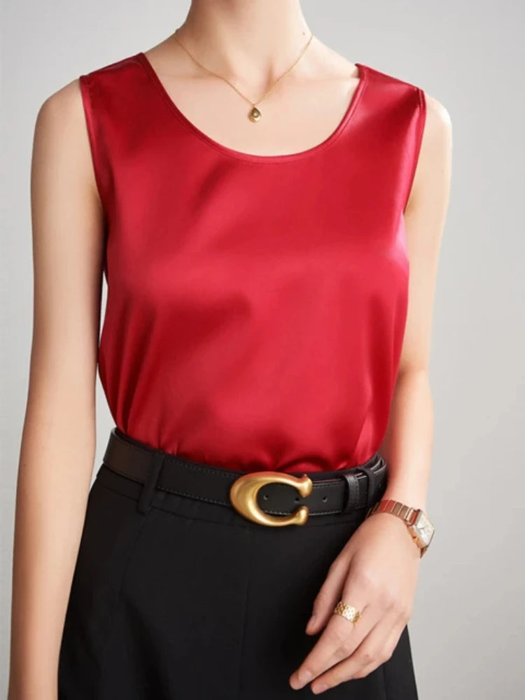 Summer Satin Mulberry Silk Tank Top Casual Versatile Champagne Tops Woman 2026 New Fashion Elegant Vest Loose Sleeveless T-shirt