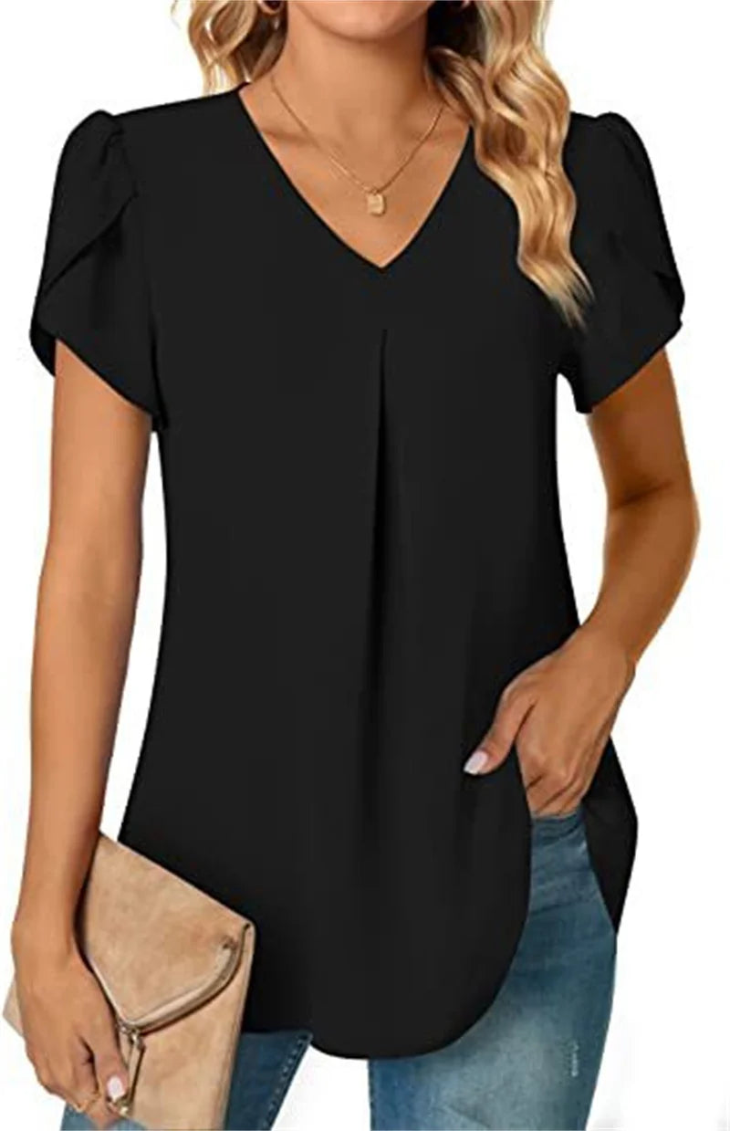Women's Lace-Trim Floral Blouse — V-Neck Short-Sleeve Summer Top