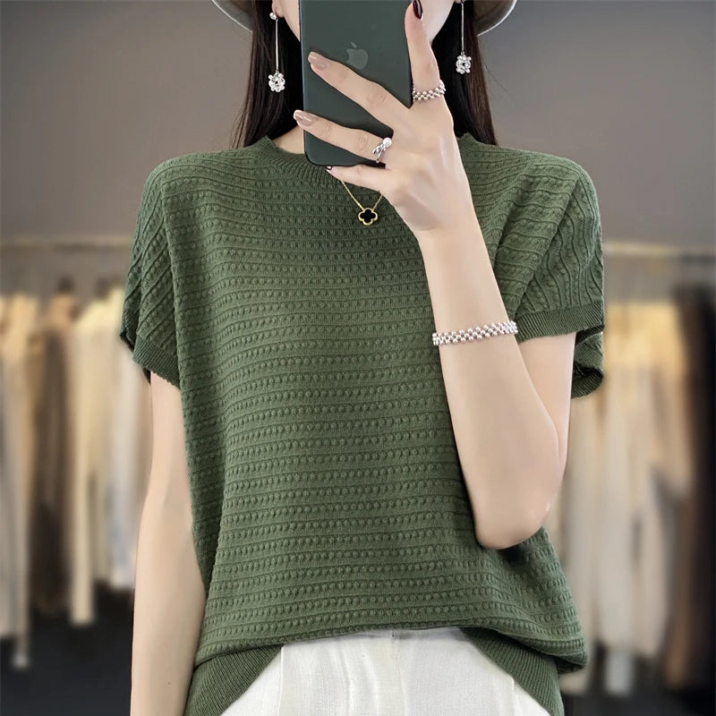 Pure Cotton Hollow Short-Sleeved Ladies Spring And Summer Loose Slim New Joker Knit Bottoming T-Shirt