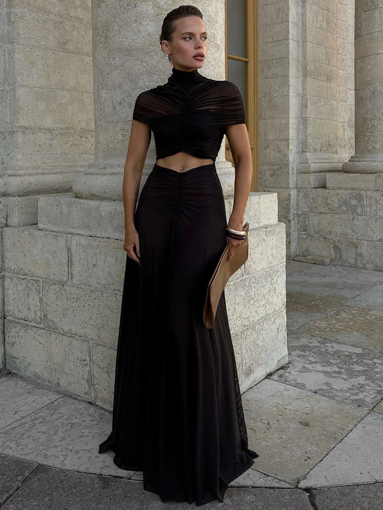 Women's Hollow-Out Ruched Bodycon Maxi Dress — Short-Sleeve O-Neck Party Dress