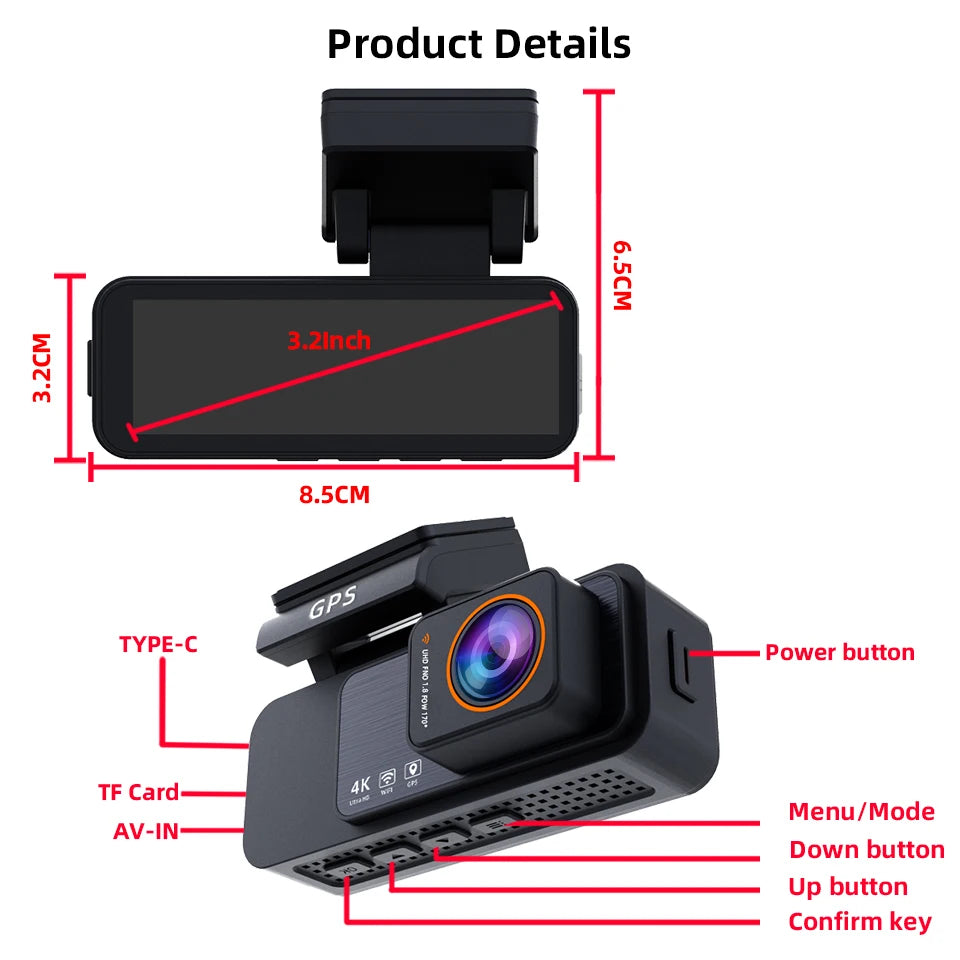 Dash Cam 4K UHD Recording Car Camera DVR Night Vision Video Recorder GPS Wi-Fi Support Dual Lens Room 2.5K Rear View Camera
