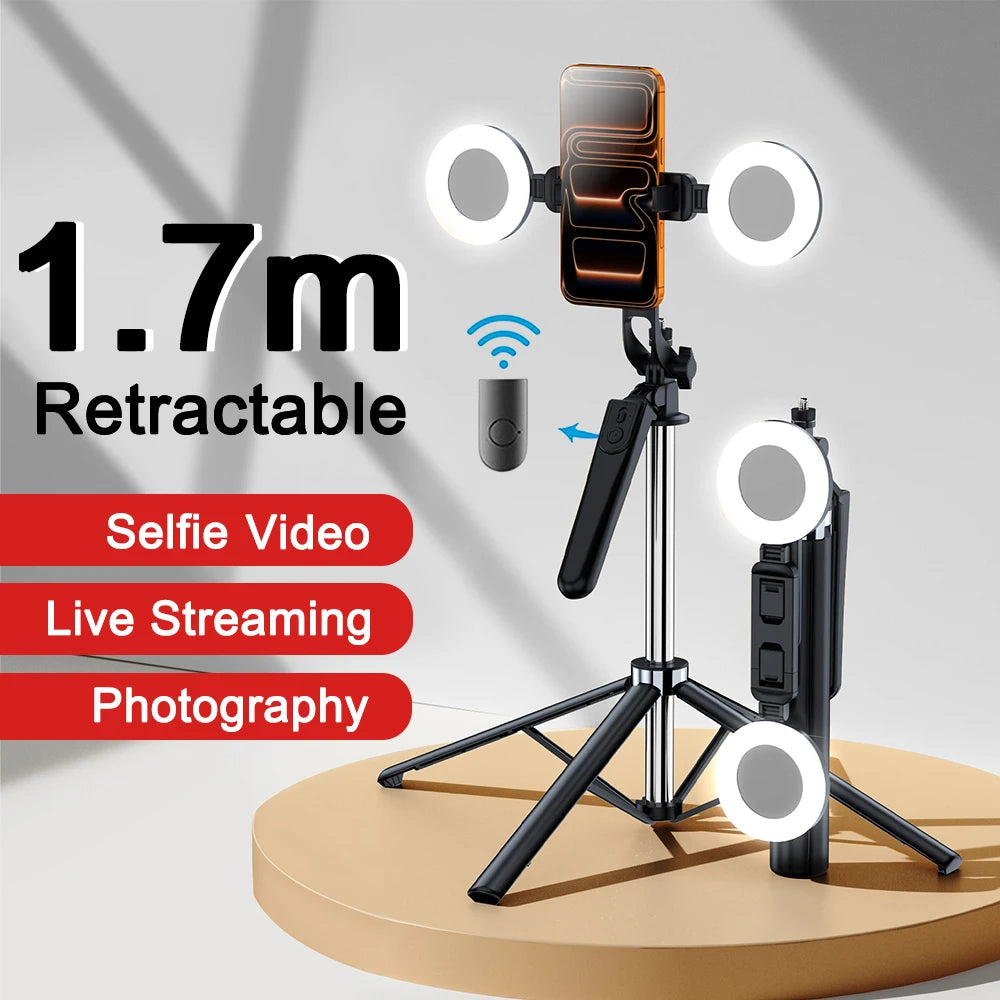1.7M Extendable Bluetooth Selfie Stick Tripod – Wireless Remote & Fill Light for TikTok Live Streaming