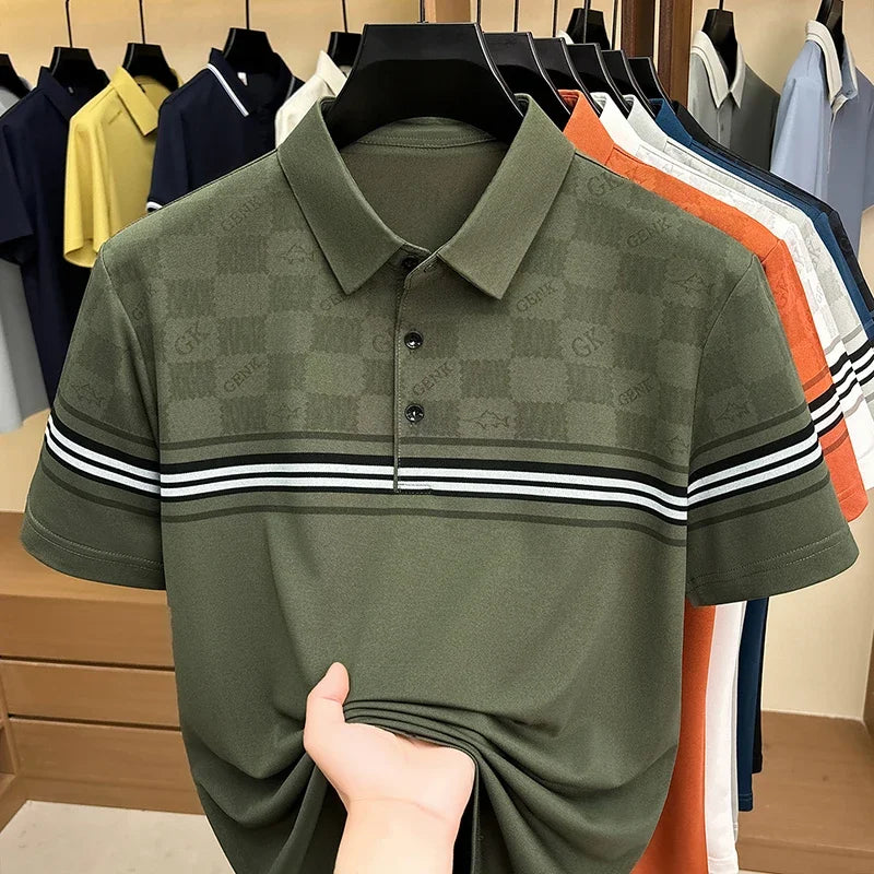 Men's Lattice-Print Lapel Polo - Soft Stretch, Sweat-Proof Summer