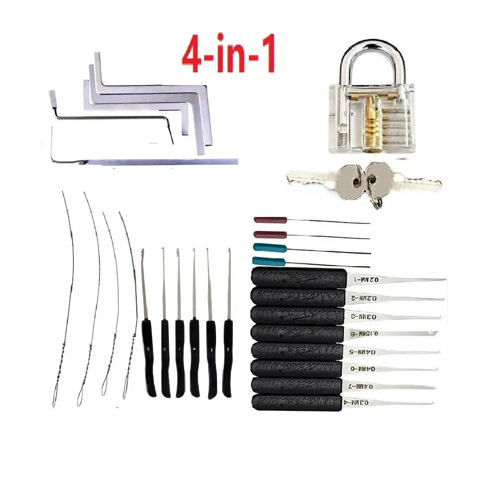 4-in-1/5-in-1 Lock Picking Kit, 10/12/15Pcs Locksmith Supplies with Transparent Lock & Storage Bag for Locksmith Training