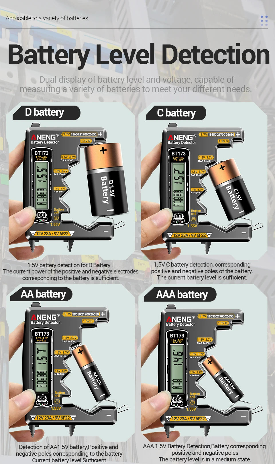 Universal Battery Tester ANENG BT173 Battery Detector Test C D AA AAA N 9V Cell Button Meter Visual Display Testing Tester Tools