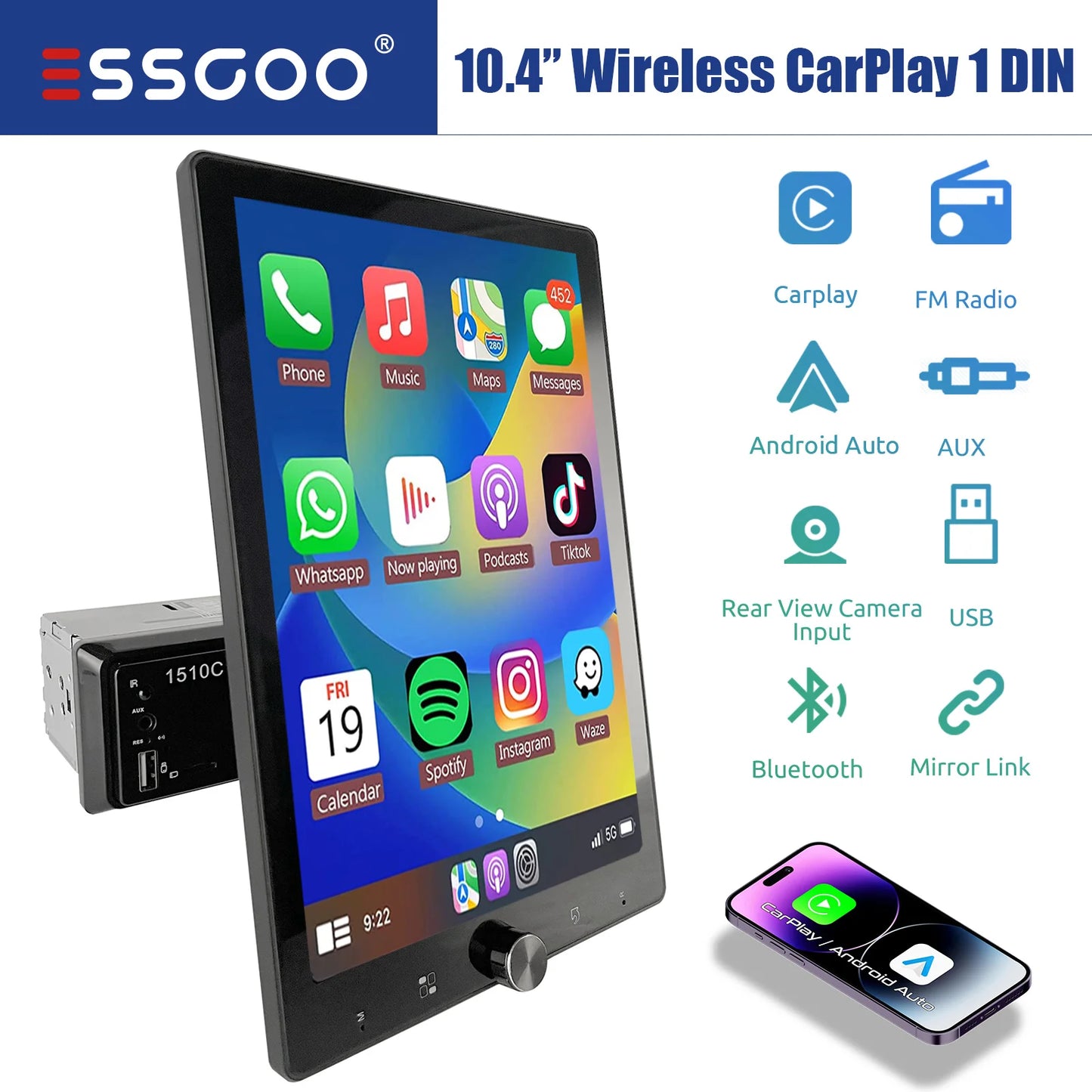 ESSGOO 10.1" Rotatable 1-DIN Car Stereo — Wireless CarPlay, Android Auto, IPS Touchscreen, USB/AUX/TF
