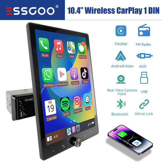 ESSGOO 10.1" Rotatable 1-DIN Car Stereo — Wireless CarPlay, Android Auto, IPS Touchscreen, USB/AUX/TF