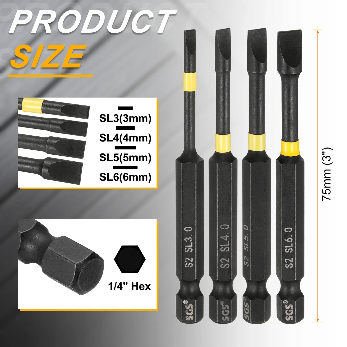 1set Slotted Impact Screwdriver Bits SL3-SL6 Slotted Tip 1/4" Hex Shank Magnetic Flat Head Screw Driver Bits Electric Power Tool