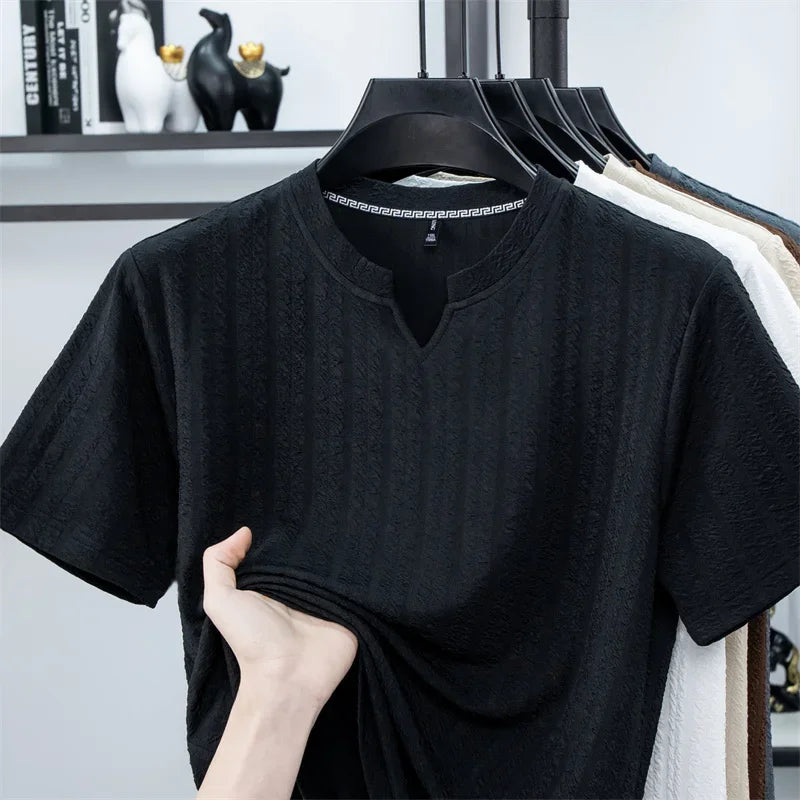 Men's Bubble-Texture Tee - Split Collar, Soft Anti-Wrinkle Stretch