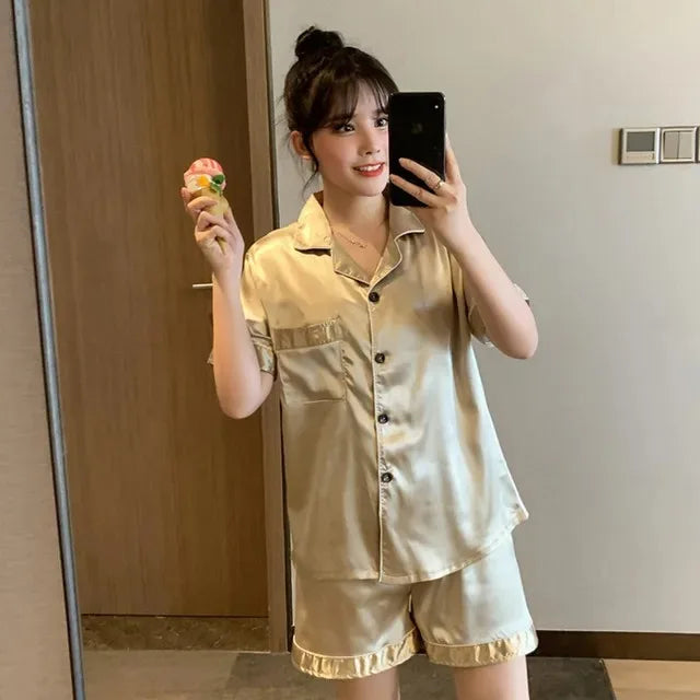 Women's & Men's Satin Pajama Set - Short Sleeve, Solid Colour
